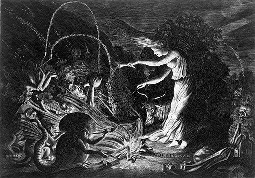 A witch at her cauldron surrounded by beasts. Etching by J. van de Velde II, 1626. CC BY 4.0, via Wikimedia Commons